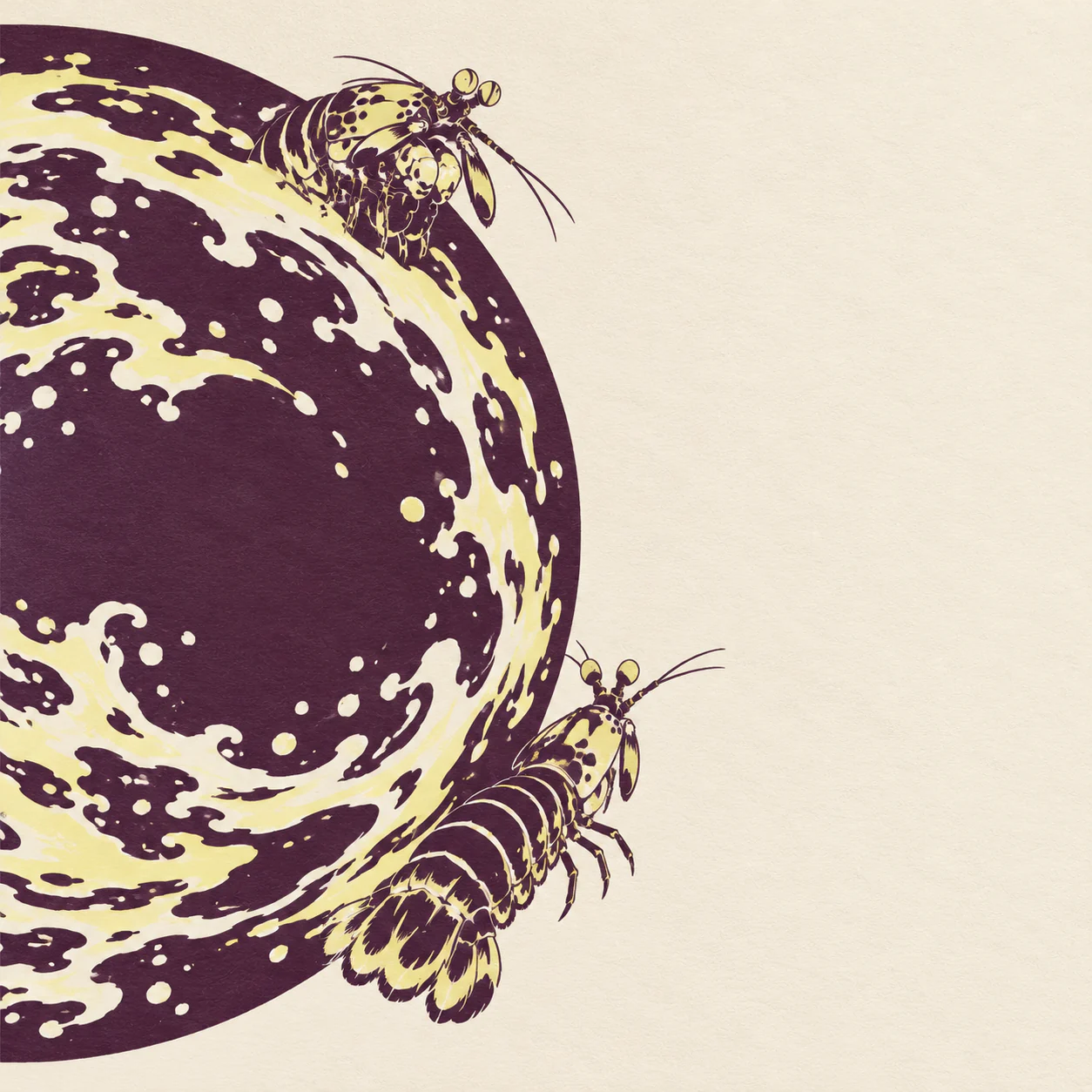 Two differently posed aubergine-and-lemon mantis shrimp motifs sit at separate points on a large tide disk cropped by the left edge.