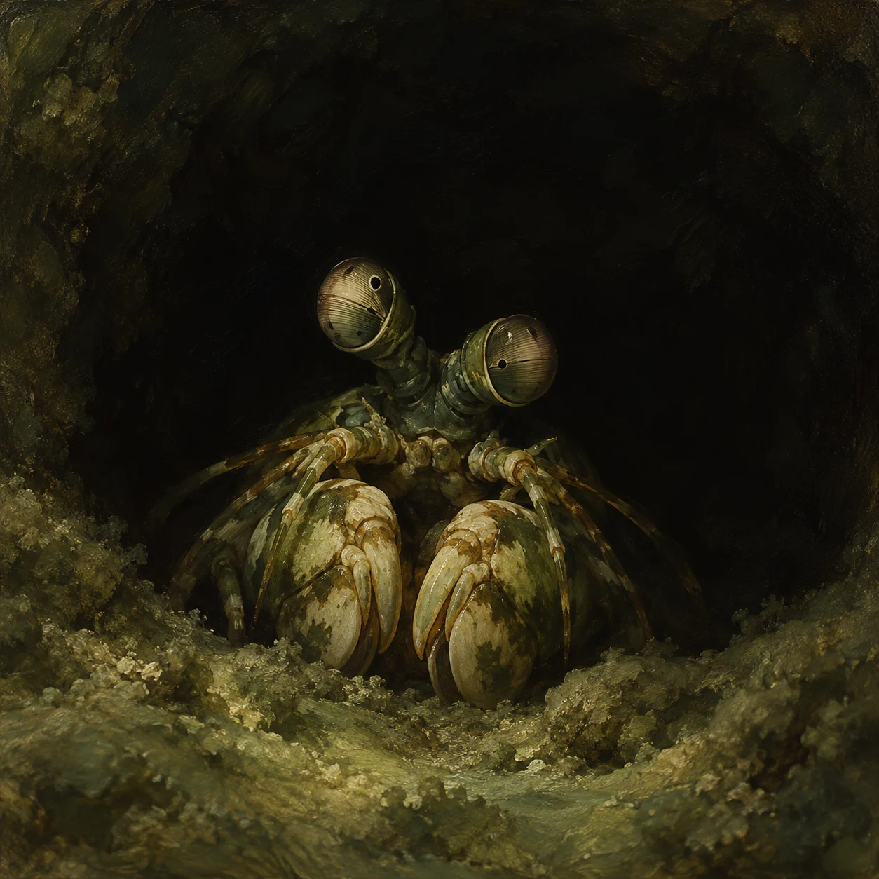 A low-lit olive mantis shrimp face looks out from a dark burrow, with one stalked eye higher than the other.
