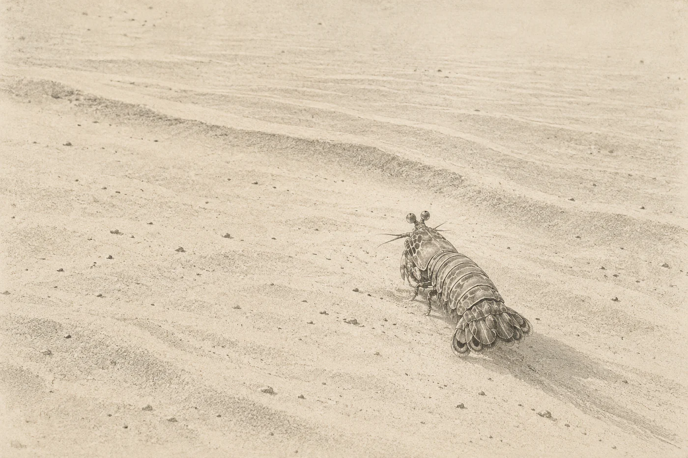 A rear view of a mantis shrimp crossing pale sand toward a diagonal ridge, with a long narrow shadow behind its tail.