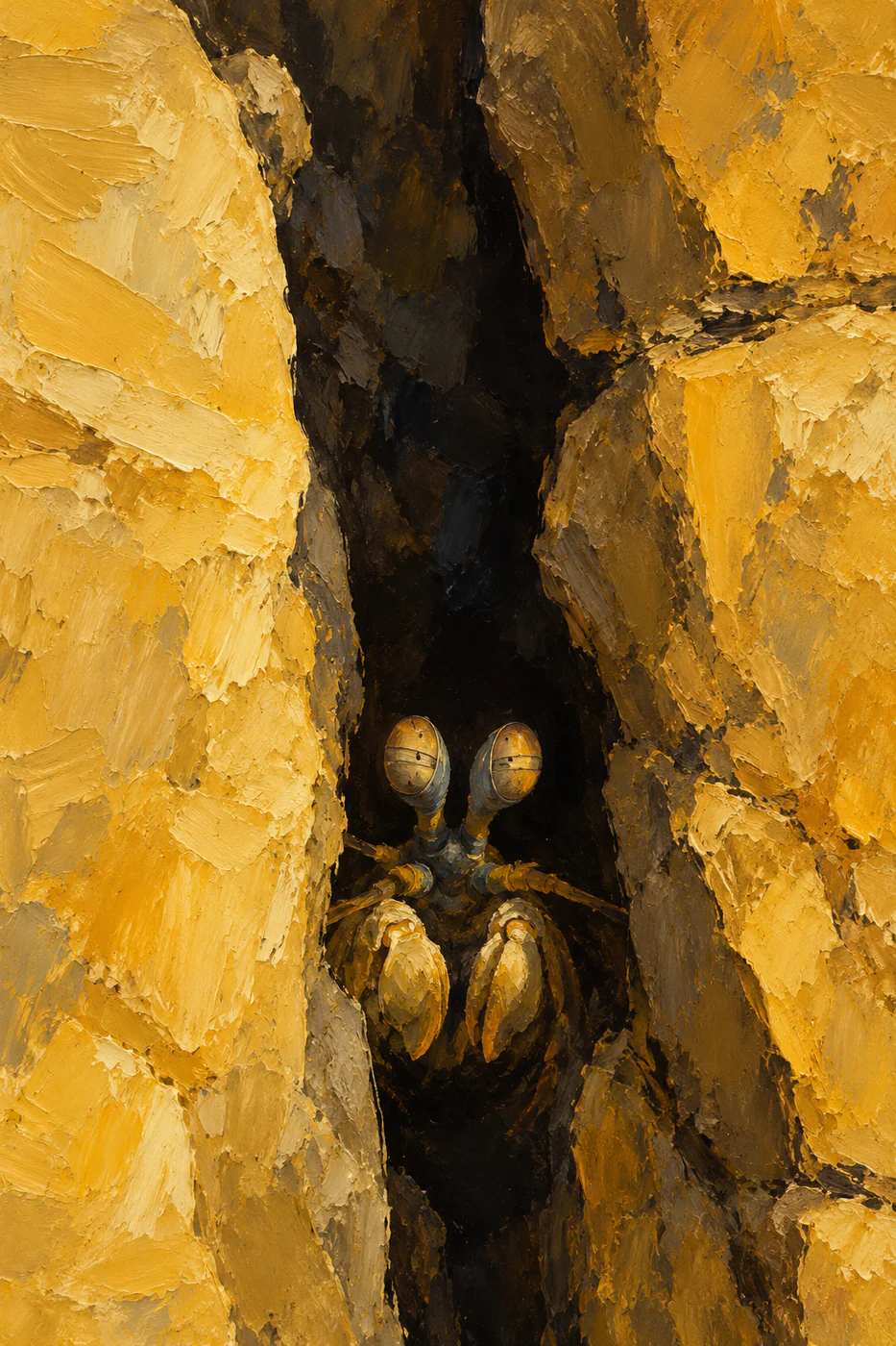A mantis shrimp face peers from a tall dark cleft between thick ochre rock shapes.