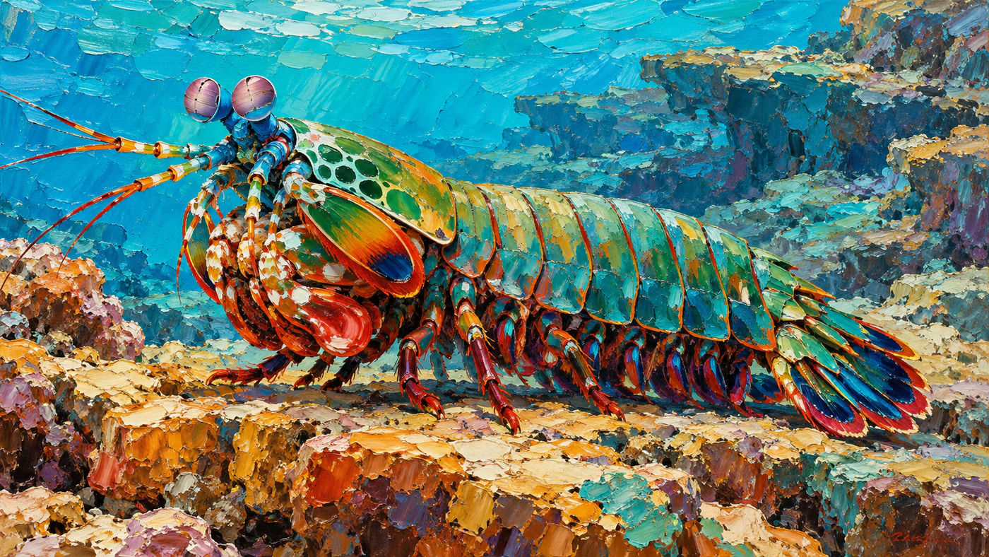 A turquoise peacock mantis shrimp with vermilion clubs stands on an ochre rocky shelf in a bold palette-knife painting.