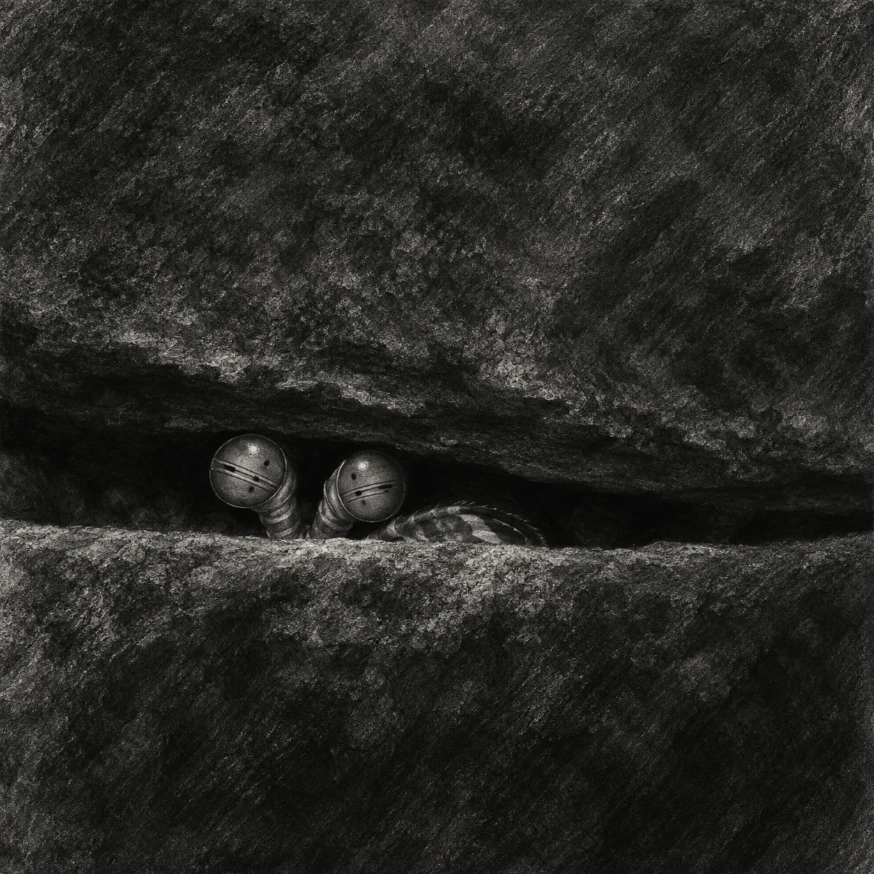 Two small stalked eyes and a curved club edge peek from a narrow slit between dark charcoal rock planes.