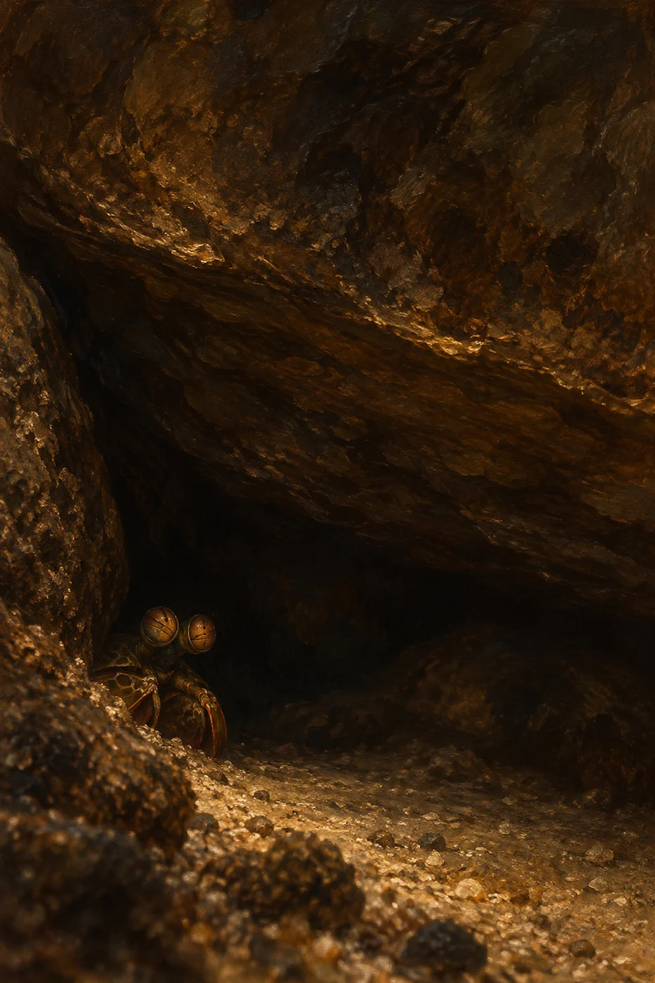 Two amber-lit mantis shrimp eyes and tucked front limbs emerge at the lower left beneath a massive dark rock overhang.