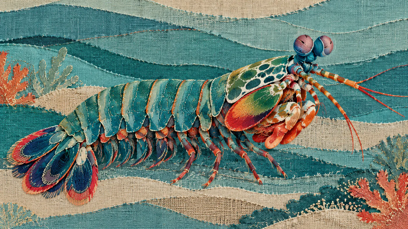 A teal and coral peacock mantis shrimp made of layered woven fabrics crosses linen bands of shallow water.